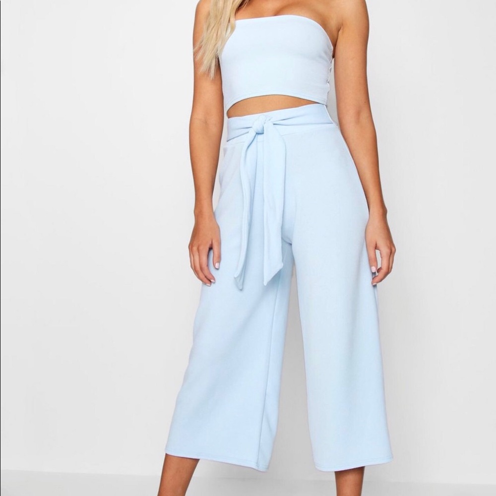 Tie Waist Culotte Co-Ord Set in light blue